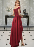 Violet Ball-Gown/Princess Off-the-Shoulder Asymmetrical Satin Prom Dresses With Lace Beading Sequins Bow(s) UKP0014257