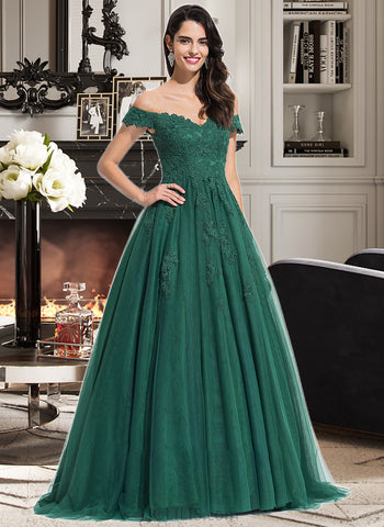 Estrella Ball-Gown/Princess V-neck Sweep Train Tulle Prom Dresses With Lace UKP0014258