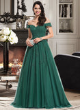 Estrella Ball-Gown/Princess V-neck Sweep Train Tulle Prom Dresses With Lace UKP0014258