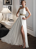 Philippa A-Line One-Shoulder Floor-Length Chiffon Prom Dresses With Ruffle Beading Sequins Split Front UKP0014262