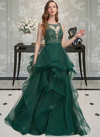 Martha Ball-Gown/Princess Scoop Neck Floor-Length Tulle Prom Dresses With Ruffle Lace UKP0014263