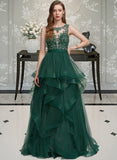 Martha Ball-Gown/Princess Scoop Neck Floor-Length Tulle Prom Dresses With Ruffle Lace UKP0014263