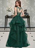 Martha Ball-Gown/Princess Scoop Neck Floor-Length Tulle Prom Dresses With Ruffle Lace UKP0014263