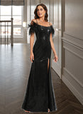 Isabella Sheath/Column Scoop Neck Floor-Length Sequined Prom Dresses With Feather Sequins UKP0014267