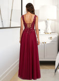 Rhianna Ball-Gown/Princess V-neck Floor-Length Tulle Prom Dresses With Sequins UKP0014270