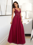 Rhianna Ball-Gown/Princess V-neck Floor-Length Tulle Prom Dresses With Sequins UKP0014270