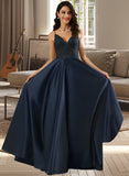 Azul A-Line V-neck Floor-Length Satin Prom Dresses With Lace UKP0014278