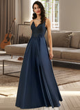 Azul A-Line V-neck Floor-Length Satin Prom Dresses With Lace UKP0014278