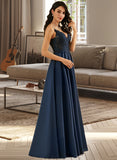 Azul A-Line V-neck Floor-Length Satin Prom Dresses With Lace UKP0014278