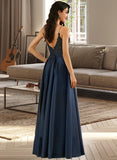 Azul A-Line V-neck Floor-Length Satin Prom Dresses With Lace UKP0014278