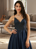 Azul A-Line V-neck Floor-Length Satin Prom Dresses With Lace UKP0014278