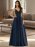 Azul A-Line V-neck Floor-Length Satin Prom Dresses With Lace UKP0014278