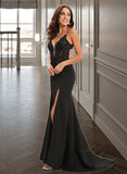 Jean Trumpet/Mermaid V-neck Sweep Train Stretch Crepe Prom Dresses With Lace Sequins UKP0014279