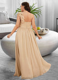 Ariella A-Line One-Shoulder Floor-Length Chiffon Prom Dresses With Ruffle Flower(s) UKP0014282