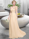 Ariella A-Line One-Shoulder Floor-Length Chiffon Prom Dresses With Ruffle Flower(s) UKP0014282