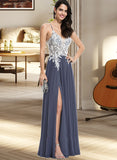 Nydia A-Line Floor-Length Chiffon Prom Dresses With Lace Beading Sequins Split Front UKP0014283