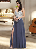 Nydia A-Line Floor-Length Chiffon Prom Dresses With Lace Beading Sequins Split Front UKP0014283