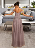 Lyric A-Line Off-the-Shoulder Floor-Length Tulle Prom Dresses With Sequins UKP0014284