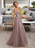 Lyric A-Line Off-the-Shoulder Floor-Length Tulle Prom Dresses With Sequins UKP0014284