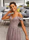 Lyric A-Line Off-the-Shoulder Floor-Length Tulle Prom Dresses With Sequins UKP0014284