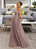 Lyric A-Line Off-the-Shoulder Floor-Length Tulle Prom Dresses With Sequins UKP0014284