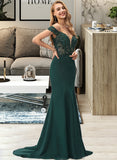 Sandra Trumpet/Mermaid Off-the-Shoulder Sweep Train Stretch Crepe Prom Dresses With Lace Beading Sequins UKP0014285