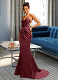 Lorelai Sheath/Column V-Neck Sweep Train Satin Prom Dresses With Pleated UKP0014286