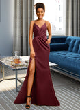 Lorelai Sheath/Column V-Neck Sweep Train Satin Prom Dresses With Pleated UKP0014286