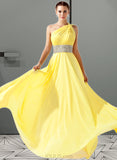 Violet A-Line One-Shoulder Floor-Length Chiffon Prom Dresses With Ruffle Beading UKP0014287