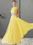 Violet A-Line One-Shoulder Floor-Length Chiffon Prom Dresses With Ruffle Beading UKP0014287