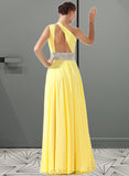 Violet A-Line One-Shoulder Floor-Length Chiffon Prom Dresses With Ruffle Beading UKP0014287