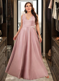 Stella Ball-Gown/Princess V-neck Floor-Length Satin Prom Dresses With Pockets UKP0014288