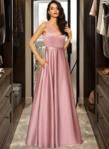 Stella Ball-Gown/Princess V-neck Floor-Length Satin Prom Dresses With Pockets UKP0014288