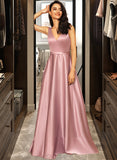 Stella Ball-Gown/Princess V-neck Floor-Length Satin Prom Dresses With Pockets UKP0014288