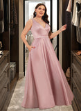 Stella Ball-Gown/Princess V-neck Floor-Length Satin Prom Dresses With Pockets UKP0014288