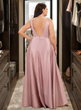 Stella Ball-Gown/Princess V-neck Floor-Length Satin Prom Dresses With Pockets UKP0014288