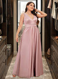 Stella Ball-Gown/Princess V-neck Floor-Length Satin Prom Dresses With Pockets UKP0014288