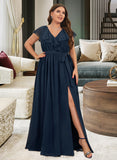 Madelynn A-Line V-neck Floor-Length Chiffon Prom Dresses With Bow(s) Split Front Cascading Ruffles UKP0014289