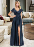 Madelynn A-Line V-neck Floor-Length Chiffon Prom Dresses With Bow(s) Split Front Cascading Ruffles UKP0014289