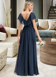 Madelynn A-Line V-neck Floor-Length Chiffon Prom Dresses With Bow(s) Split Front Cascading Ruffles UKP0014289