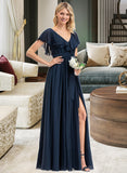 Madelynn A-Line V-neck Floor-Length Chiffon Prom Dresses With Bow(s) Split Front Cascading Ruffles UKP0014289