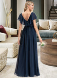 Madelynn A-Line V-neck Floor-Length Chiffon Prom Dresses With Bow(s) Split Front Cascading Ruffles UKP0014289