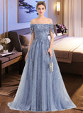 Jaiden Ball-Gown/Princess Off-the-Shoulder Sweep Train Tulle Prom Dresses With Sequins UKP0014291