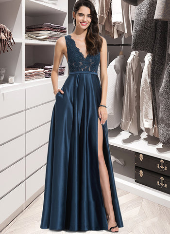 Liana A-Line V-neck Floor-Length Satin Prom Dresses With Lace Sequins Split Front Pockets UKP0014294