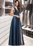 Liana A-Line V-neck Floor-Length Satin Prom Dresses With Lace Sequins Split Front Pockets UKP0014294