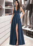 Liana A-Line V-neck Floor-Length Satin Prom Dresses With Lace Sequins Split Front Pockets UKP0014294