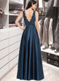 Liana A-Line V-neck Floor-Length Satin Prom Dresses With Lace Sequins Split Front Pockets UKP0014294