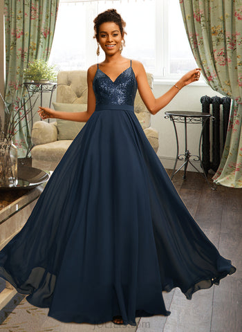 Destinee A-Line V-neck Floor-Length Chiffon Prom Dresses With Sequins UKP0014295