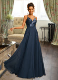 Destinee A-Line V-neck Floor-Length Chiffon Prom Dresses With Sequins UKP0014295