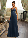 Destinee A-Line V-neck Floor-Length Chiffon Prom Dresses With Sequins UKP0014295